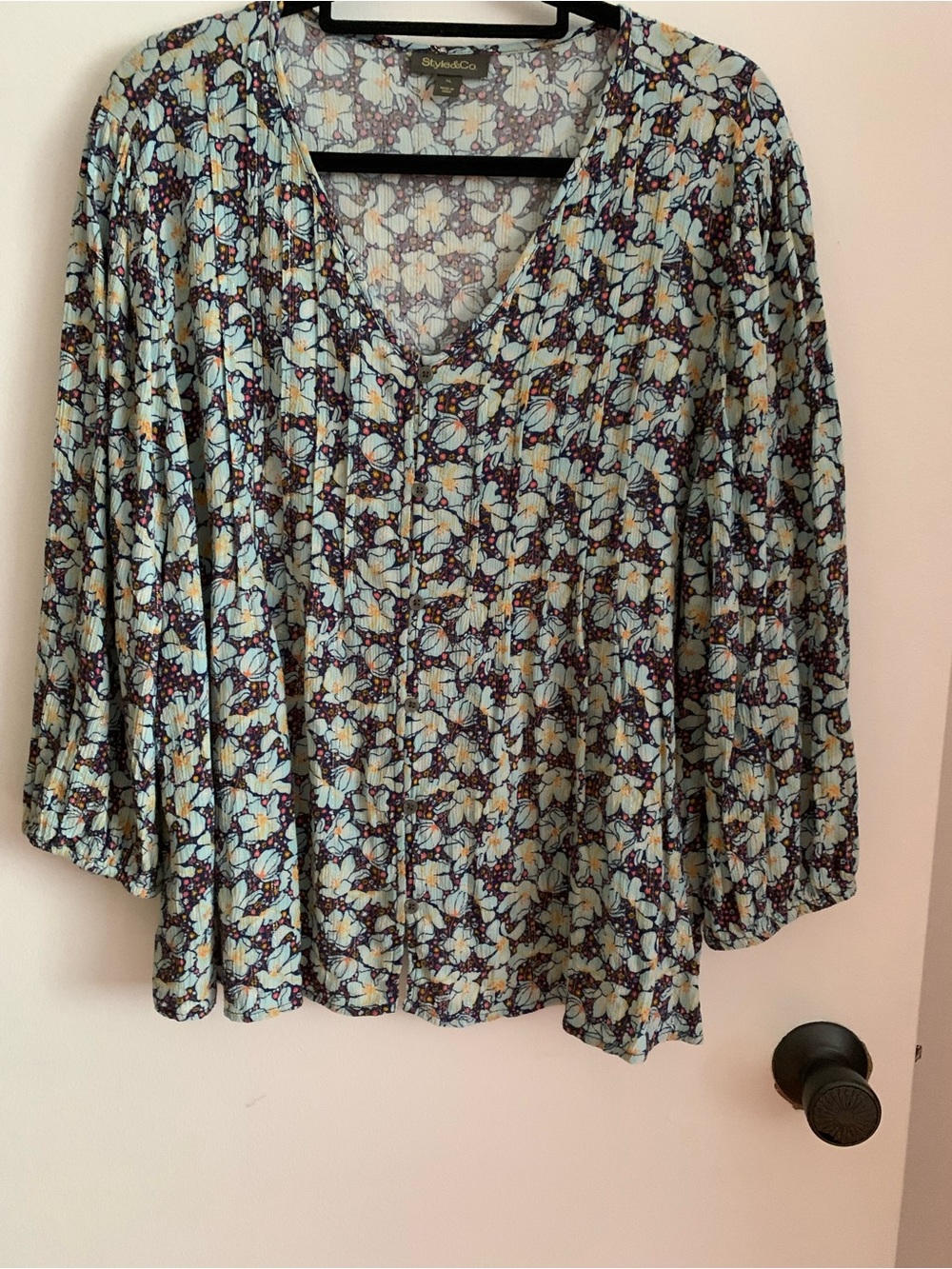 Style & Co. Floral Print V-Neck Women's Flowy blouse in Light Blue/ brown